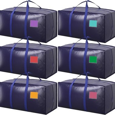 6 Pack Moving Bags Heavy Duty 210GSM with Full-Open Side Zipper, 93L 65lbs Waterproof Foldable Storage Totes for College Dorm Move-In, Moving Boxes Alternative & Home Organization, Blue